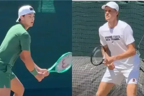 Guto Miguel e Sinner treinando em Wimbledon